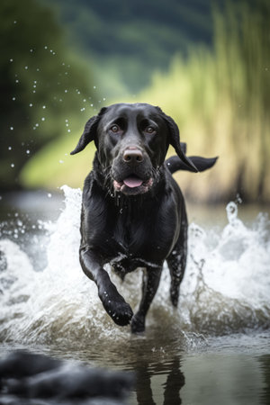 Black labrador dog running in water over grass created using generative ai technology. Animals, pets and nature concept digitally generated image.の素材