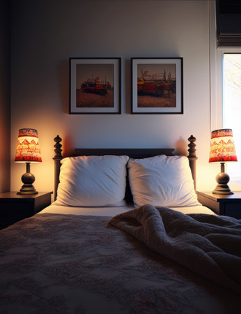 Bedroom interior with bed, paintings and lamps created using generative ai technology. Interior and design concept digitally generated image.の素材