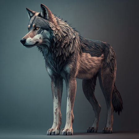 Portrait of wolf on grey background, created using generative ai technology. Wildlife, wild animal and nature concept digitally generated image.の素材