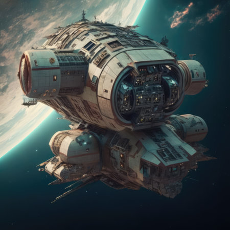 Spaceship flying in outer space over earth background, created using generative ai technology. Space travel and outer space concept digitally generated image.の素材
