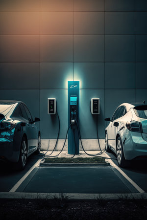 Two electric cars charging in charging station, created using generative ai technology. Electric car and eco transport concept digitally generated image.の素材