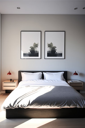 Bedroom interior with bed, paintings and lamps created using generative ai technology. Interior and design concept digitally generated image.の素材