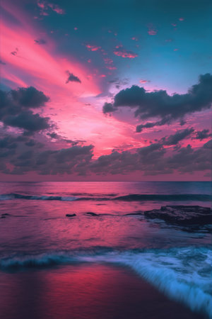 Sunset scenery with ocean, rock and sky with clouds created using generative ai technology. Landscape and nature concept digitally generated image.の素材