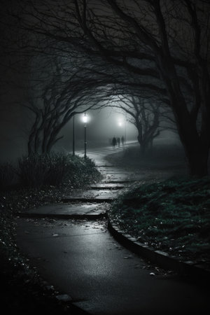 Path in park with street lamps on dark misty rainy night, created using generative ai technology. Park, mist and rain concept digitally generated image.の素材