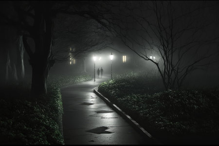 Path in park with street lamps on dark misty rainy night, created using generative ai technology. Park, mist and rain concept digitally generated image.の素材