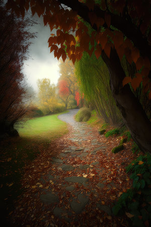 Forest scenery with trees, rocks and pathway created using generative ai technology. Autumn, landscape and nature concept digitally generated image.の素材