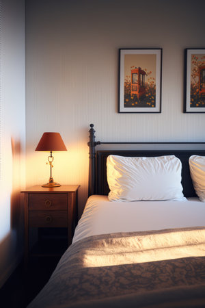 Bedroom interior with bed, paintings and lamp created using generative ai technology. Interior and design concept digitally generated image.の素材