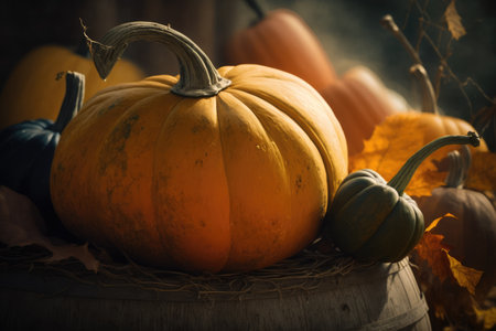 Wooden barrel with colorful pumpkins and autumn leaves created using generative ai technology. Autumn, halloween and nature concept digitally generated image.の素材