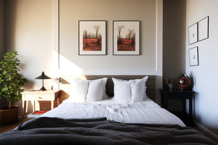 Bedroom interior with bed, paintings and plant created using generative ai technology. Interior and design concept digitally generated image.の素材