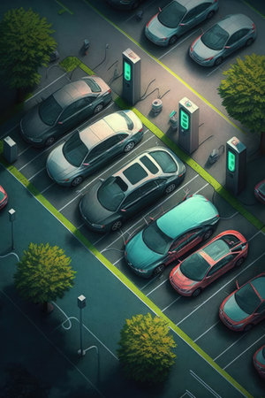 Multiple electric cars charging in charging stations, created using generative ai technology. Electric car and eco transport concept digitally generated image.の素材