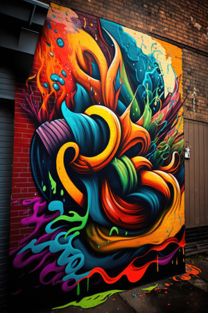 Wall covered in colorful graffiti created using generative ai technology. Graffiti, urban art and colour concept digitally generated image.の素材