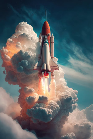 Spaceship taking off with clouds on blue background, created using generative ai technology. Space travel and outer space concept digitally generated image.の素材