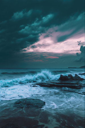 Sunset scenery with ocean, rock and sky with clouds created using generative ai technology. Landscape and nature concept digitally generated image.の素材