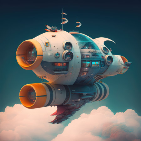 Spaceship flying in outer space over clouds background, created using generative ai technology. Space travel and outer space concept digitally generated image.の素材