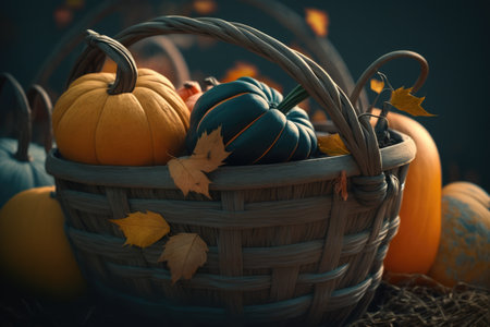Wooden basket with colorful pumpkins and autumn leaves created using generative ai technology. Autumn, halloween and nature concept digitally generated image.の素材