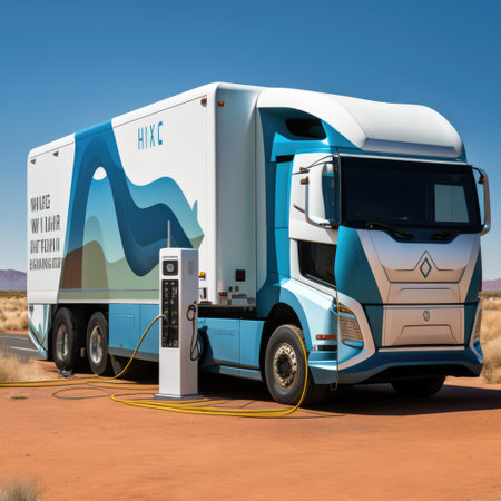 Electric lorry charging in charging station, created using generative ai technology. Electric car and eco transport concept digitally generated image.の素材