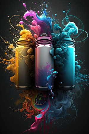 Graffiti spray paints with colorful shapes created using generative ai technology. Graffiti, art and colour concept digitally generated image.の素材