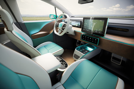Interior of electric car with green and white seats, created using generative ai technology. Electric car and eco transport concept digitally generated image.の素材