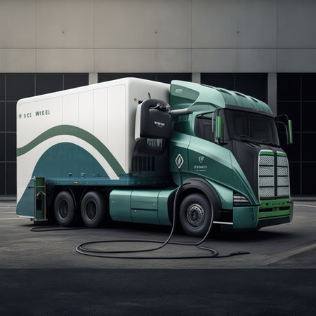 Electric lorry charging in charging station, created using generative ai technology. Electric car and eco transport concept digitally generated image.の素材
