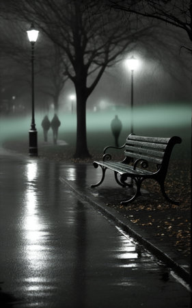 Bench in park by street lamps on dark misty rainy night, created using generative ai technology. Park, mist and rain concept digitally generated image.の素材