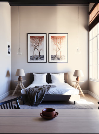 Bedroom interior with bed, paintings and lamps created using generative ai technology. Interior and design concept digitally generated image.の素材