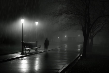Bench in park with street lamps on dark misty rainy night, created using generative ai technology. Park, mist and rain concept digitally generated image.の素材
