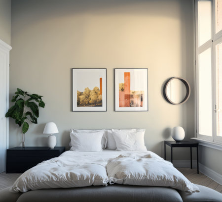 Bedroom interior with bed, paintings and plant created using generative ai technology. Interior and design concept digitally generated image.の素材