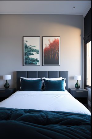 Bedroom interior with bed, paintings and lamps created using generative ai technology. Interior and design concept digitally generated image.の素材