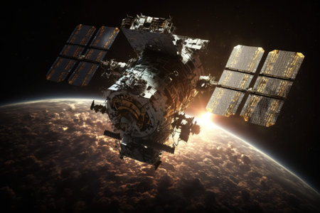 Spaceship flying in outer space over earth background, created using generative ai technology. Space travel and outer space concept digitally generated image.の素材