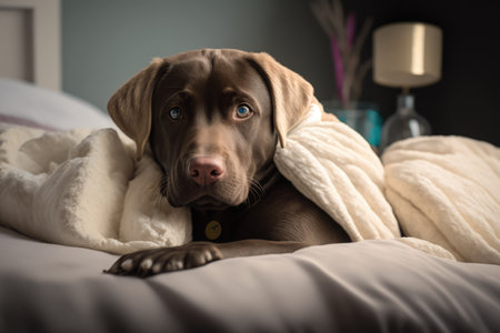 Portrait of cute brown dog on bed, created using generative ai technology. Animal, dog and pet concept digitally generated image.の素材