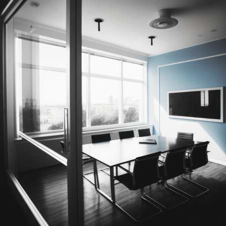 Interior of meeting room with window, table and chairs, created using generative ai technology. Business and meeting room concept digitally generated image.の素材