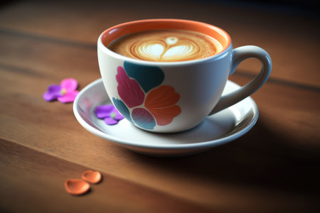 Patterned cup with latte coffee on wooden table, created using generative ai technology. Coffee and drink concept digitally generated image.の素材