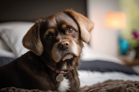 Portrait of cute white and brown dog on bed, created using generative ai technology. Animal, dog and pet concept digitally generated image.の素材