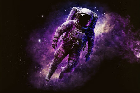 Single astronaut floating in space with milky way and stars, created using generative ai technology. Astronaut, space and cosmos concept digitally generated image.の素材