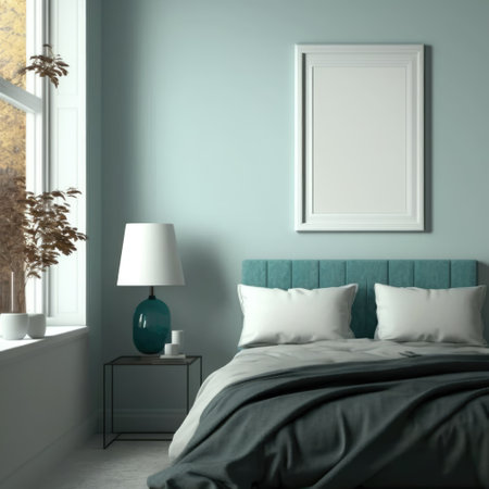 Bedroom with blank photoframe on wall with copy space, created using generative ai technology. House interior and photoframe concept digitally generated image.の素材