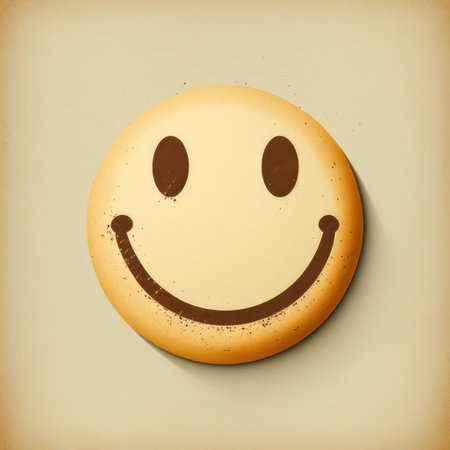 Retro yellow smiley icon on beige background, created using generative ai technology. Social media and communication concept digitally generated image.の素材