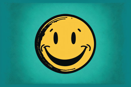 Retro yellow smiley icon on blue background, created using generative ai technology. Social media and communication concept digitally generated image.の素材