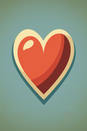 Shiny red heart on blue background, created using generative ai technology. Retro, love and heart concept.の素材