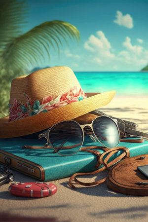 Hat and sunglasses on beach over holiday equipment, created using generative ai technology. House interior and photoframe concept digitally generated image.の素材