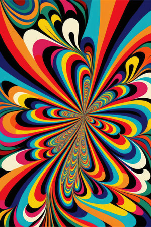 Colourful and psychedelic shapes on black background, created using generative ai technology. Landscape, psychedelic, pattern, abstract concept digitally generated image.の素材