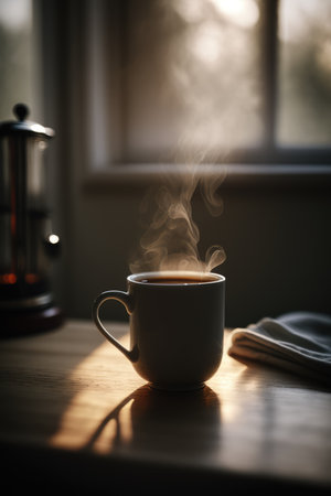 Fresh black hot coffee with steam trails on wooden table, created using generative ai technology. Coffee, drink and caffeine concept.の素材