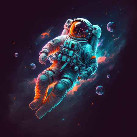 Single astronaut floating in space with planets and stars, created using generative ai technology. Astronaut, space and cosmos concept digitally generated image.の素材