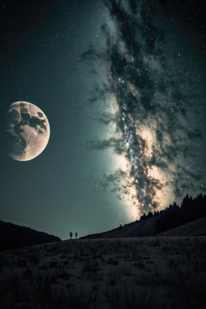 Constellation stars and milky way and full moon on night sky, created using generative ai technology. Astronomy, constellation, space and galaxy concept digitally generated image.の素材