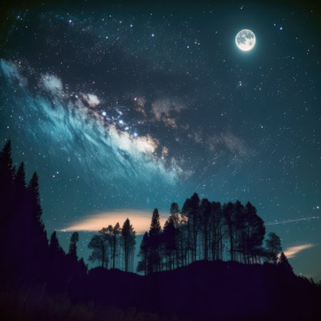 Constellation stars and milky way and full moon on night sky, created using generative ai technology. Astronomy, constellation, space and galaxy concept digitally generated image.の素材