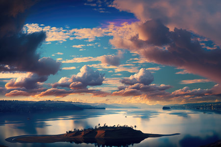 Landscape of blue sky and clouds over coast and sea, using generative ai technology. Landscape, sky and view concept digitally generated image.の素材