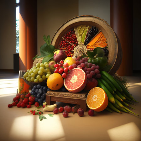 Empty room with basket of vegetables and fruit on floor over columns, using generative ai technology. Food, shopping and healthy concept digitally generated image.の素材