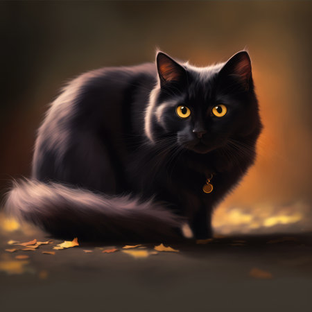 Black cat with yellow eyes and collar on orange background created using generative ai technology. Animals, pets and nature concept digitally generated image.の素材