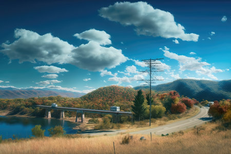 Landscape, clouds over hills and bridge, created using ai technology. nature, digitally generated image.の素材