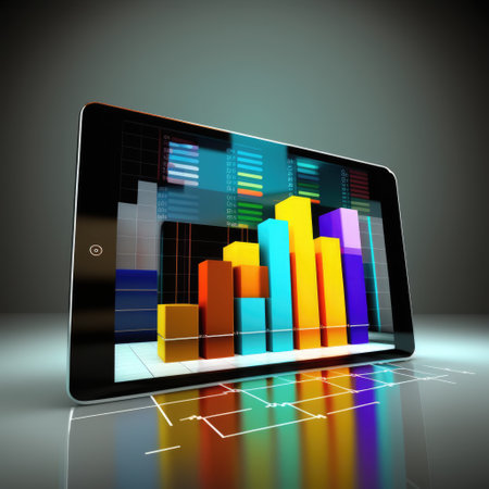 Tablet with graph bars on grey background, created using generative ai technology. Statistics, graphs and charts concept digitally generated image.の素材