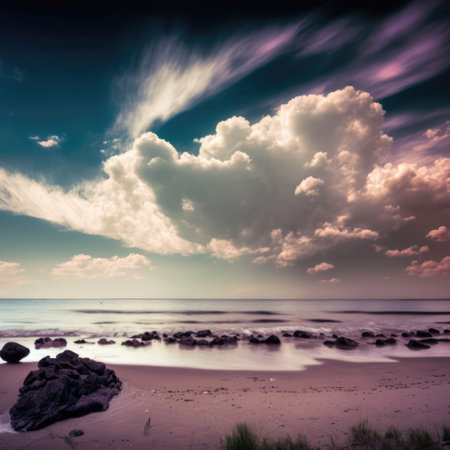 Landscape of beach with rocks over sea and blue sky, created using generative ai technology. Landscape, nature and beach concept.の素材